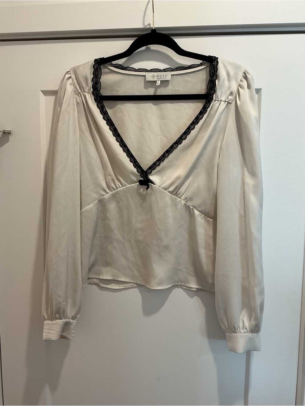 Wayf Cream V-Neck Blouse with Black Lace Trim